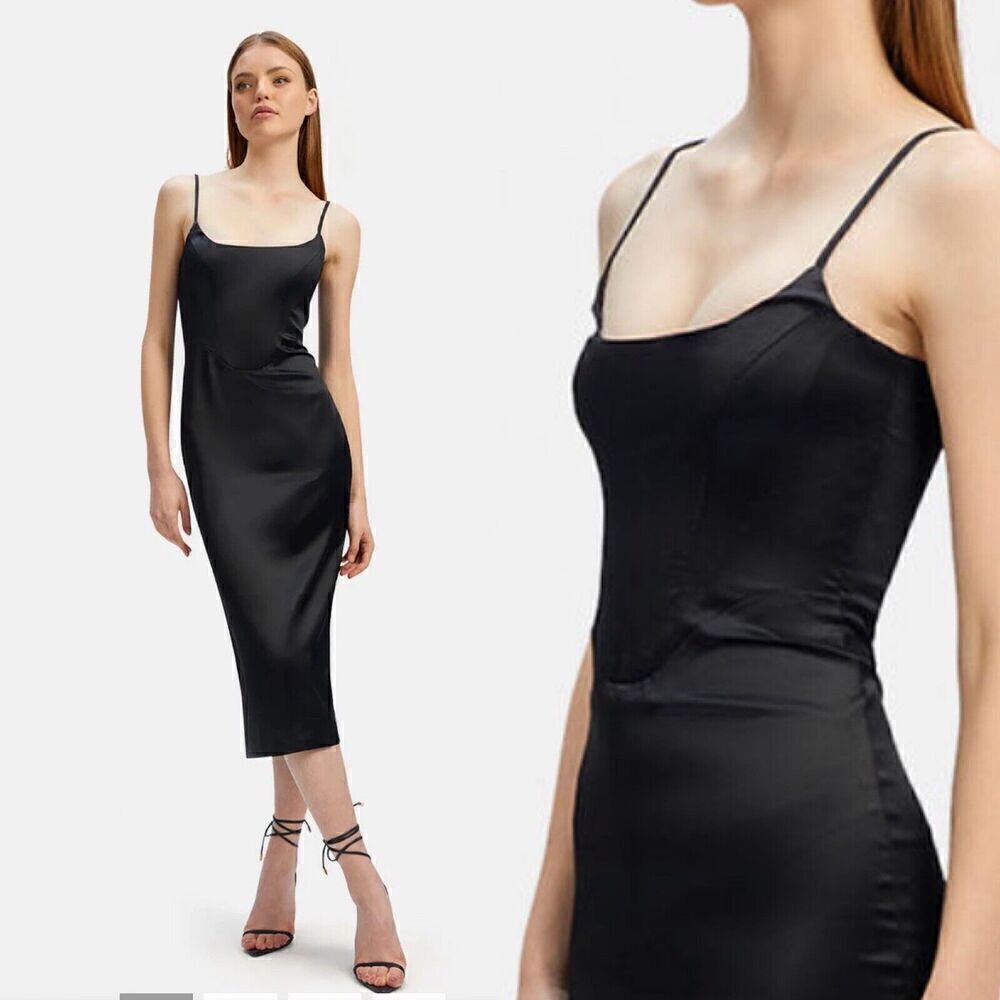 Bardot Marlo Black Satin Corset Bustier Midi Dress Sz XXL Revolve $129